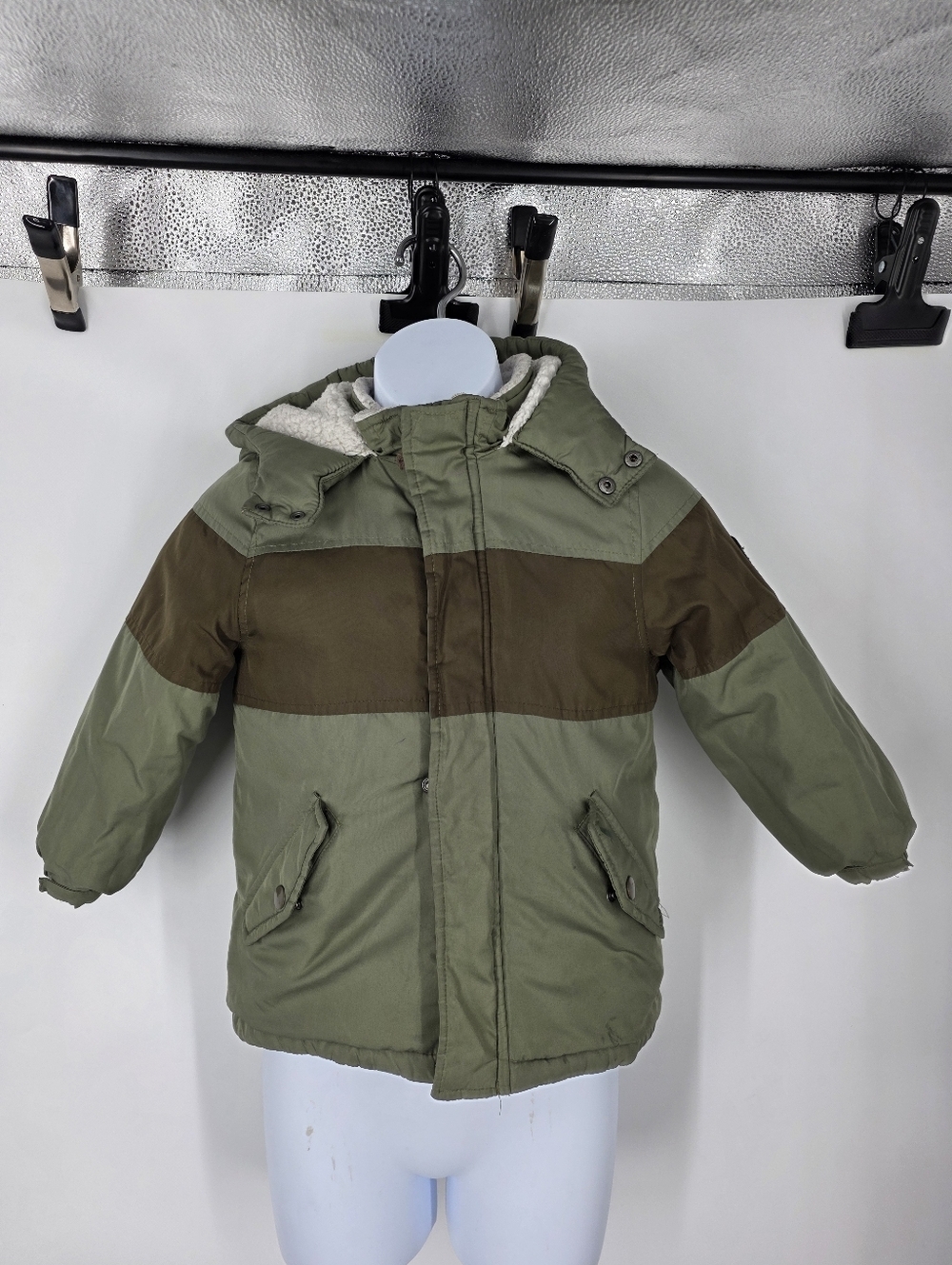 OshKosh B'gosh Toddler Boy 4T Colorblock Winter Jacket Sherpa Lined Olive Brown